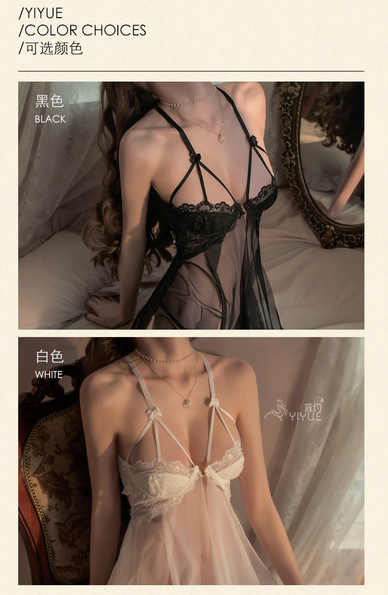 Yiyue Sexy Lingerie Lace Temptation Strap Nightdress Hot Hollow Petal Dress Transparent Nightgown for Women8354