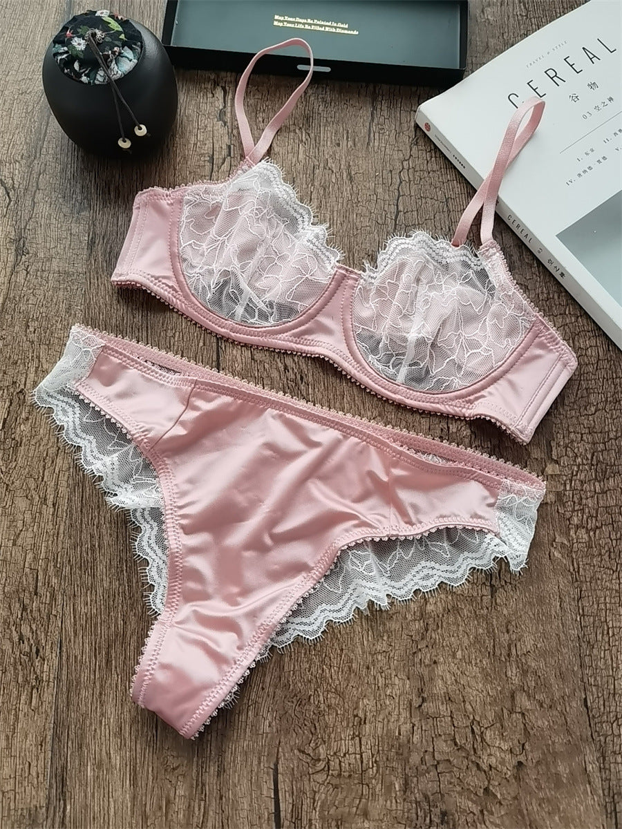 European and American Cross-Border Hot-Selling Sexy Lingerie for Women Ultra-Thin See-Through Large Bust Minimizing French Lace Erotic Bra Set