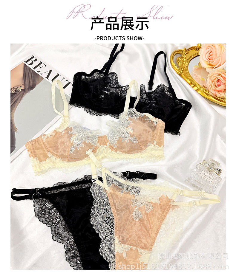 Cross-Border European and American Sexy Lingerie Set Ultra-Thin Lace French Bra Large Bust Minimizer Thong Two-Piece Set