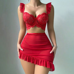 Amazon Foreign Trade Hot Selling Sexy Lingerie for Women Embroidered See-through Temptation Bodycon Short Skirt Thong Three-piece Set