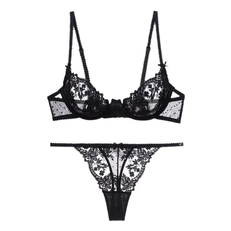 French Style Sexy Lingerie Ultra-Thin See-Through Pure Desire Floral Lace Lingerie Set Large Bust Minimizer Anti-Sagging Bra
