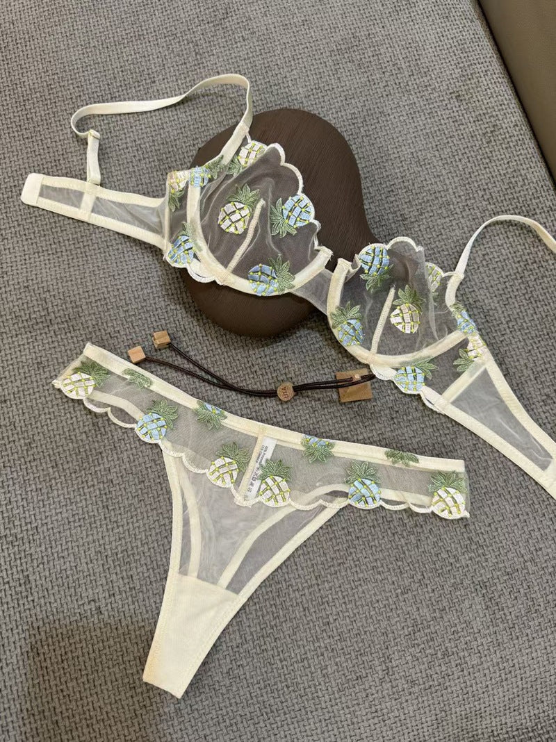 European and American Cross-Border Trade Sexy Bra Ultra-Thin Mesh Pineapple Embroidery Lace Large Bust Minimizer Sexy Lingerie Set