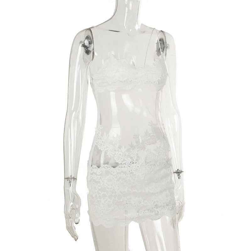 European and American Cross-Border Sexy Mesh Lace See-Through Camisole Dress V High Collar Waist Slim Fit Bodycon Skirt Hot Girl Short Skirt