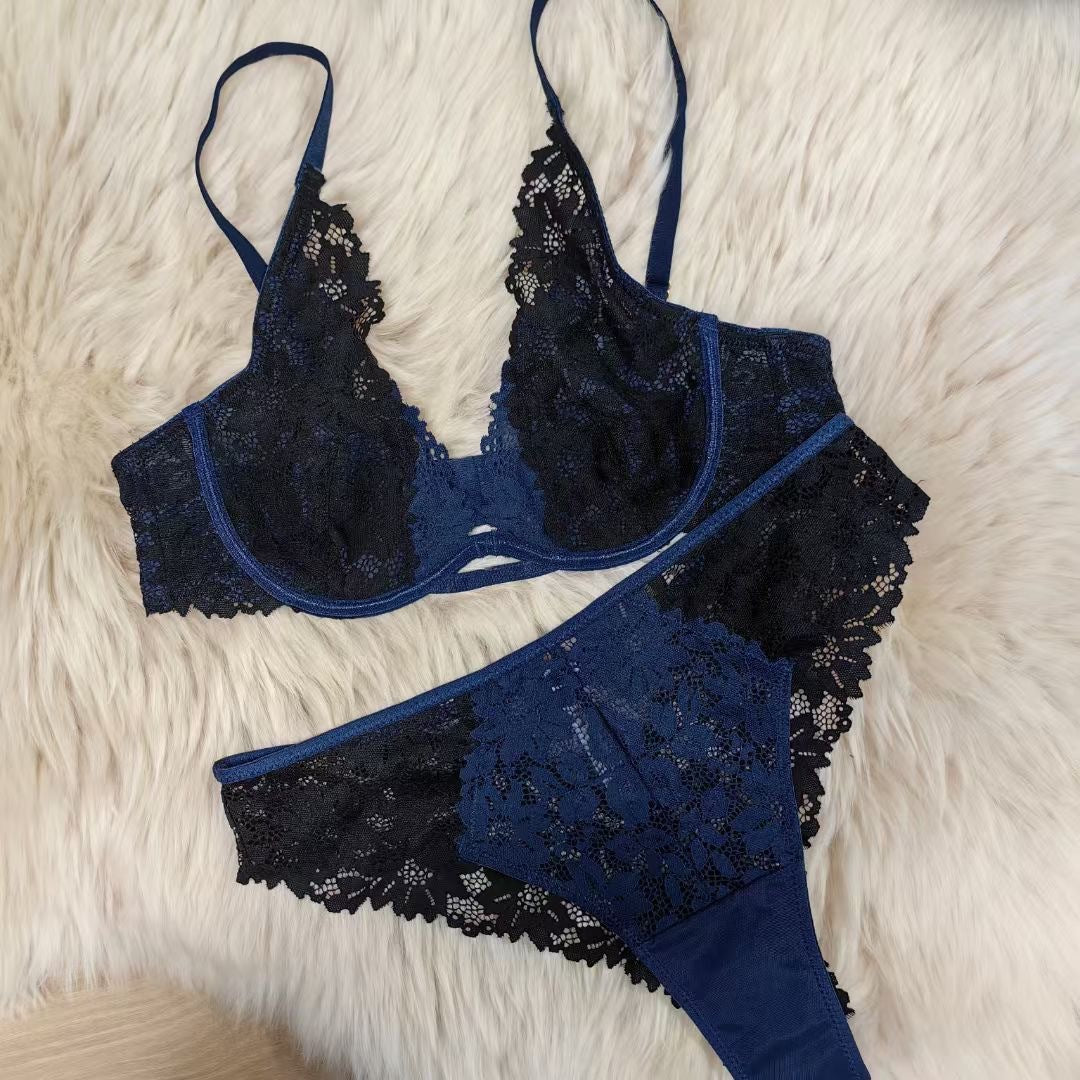 Cross-Border European and American Sexy Lingerie for Women French Style Ultra-Thin See-Through Lace Lingerie Big Chest Minimizer Anti-Sagging Bra Set