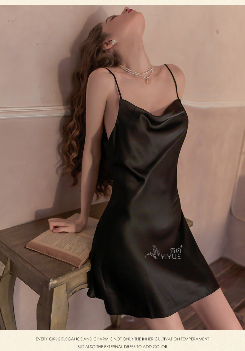 Yiyue New Sexy Nightdress for Women Hollow Out Satin Silky Homewear Erotic Lingerie Hot Strap Nightdress8358