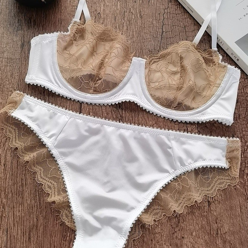 European and American Cross-Border Hot-Selling Sexy Lingerie for Women Ultra-Thin See-Through Large Bust Minimizing French Lace Erotic Bra Set