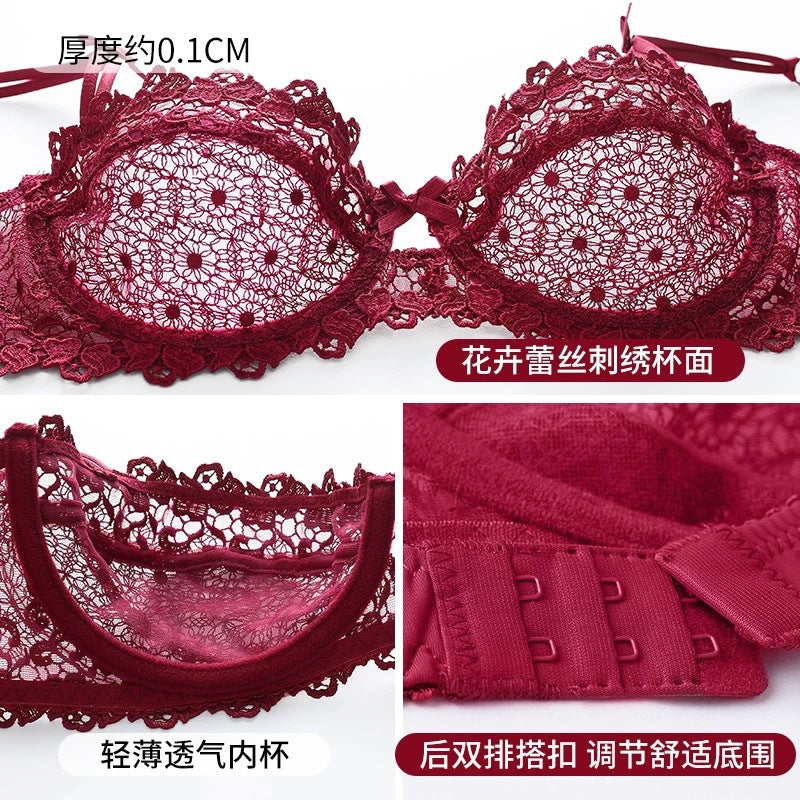 European and American Sexy Bra Set Ultra-thin Semi-transparent Half Cup Lace Bra Small Chest Push-up Anti-sagging Plus Size Bra