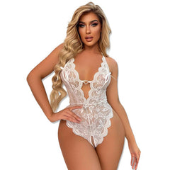 Plus-Size Sheer Lace Open-Crotch Bodysuit - Sexy No-Remove Lingerie
