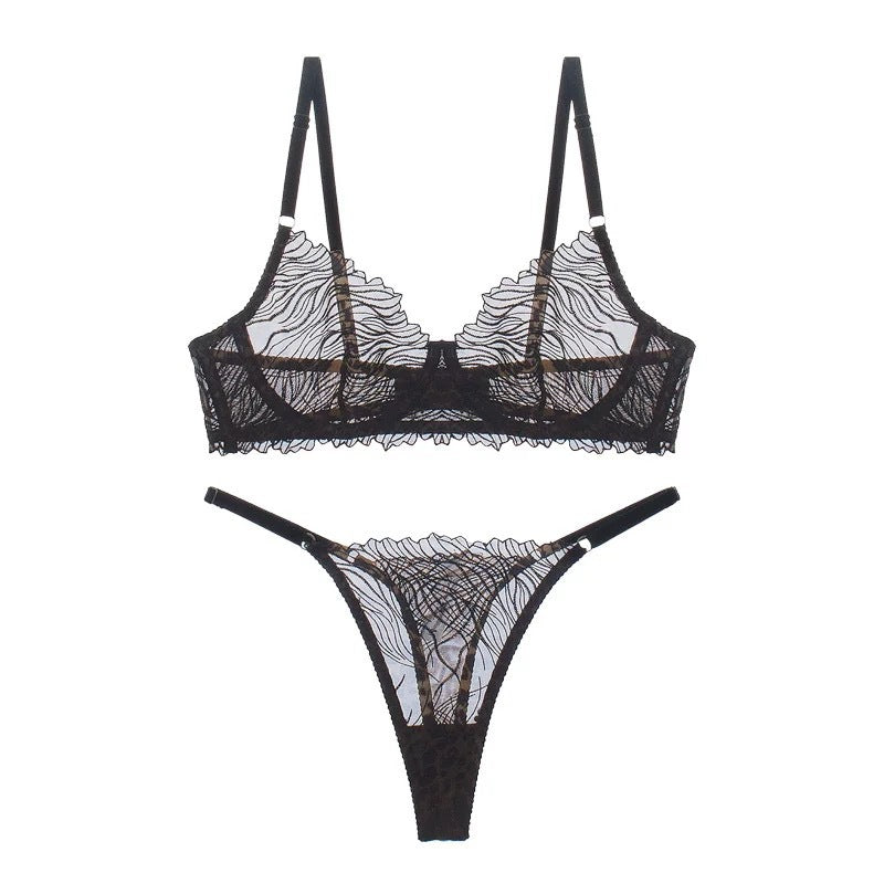 INS European and American Cross-Border Hot-Selling Sexy Lingerie Ultra-Thin Leopard Print Embroidered Lace Large Bust Minimizing Sexy Lingerie Set