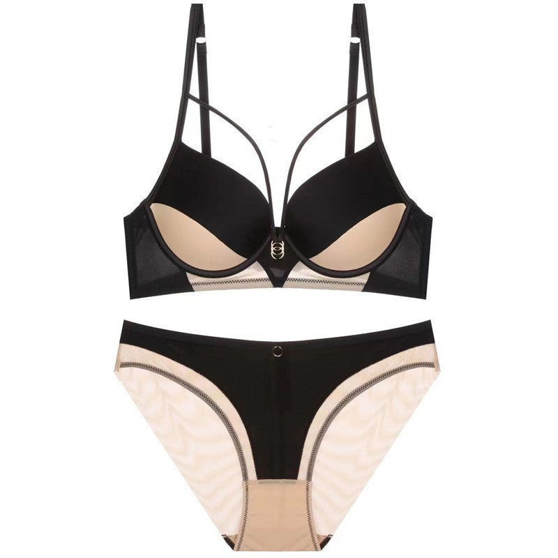Amazon Cross-Border Sexy Lingerie Women's Satin Hollow Out Strap Small Chest Enhancing Push-Up Anti-Sagging Bra Set