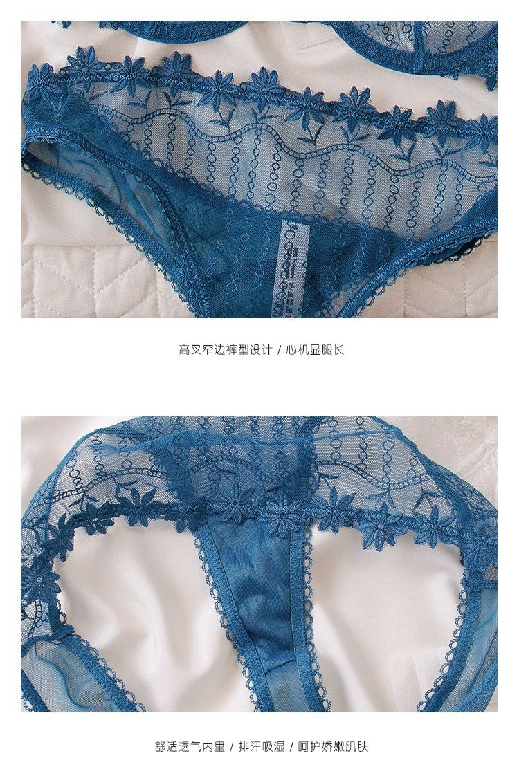 Cross-Border European and American Style French Lace Sexy Lingerie Ultra-Thin See-Through Half-Cup Embroidery Big Chest Minimizer Sexy Lingerie Set