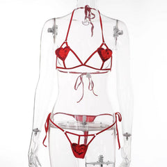 Sexy Tie-Up Heart Cutout Lingerie Set - Sheer Mesh Bikini & G-String | Adjustable Straps