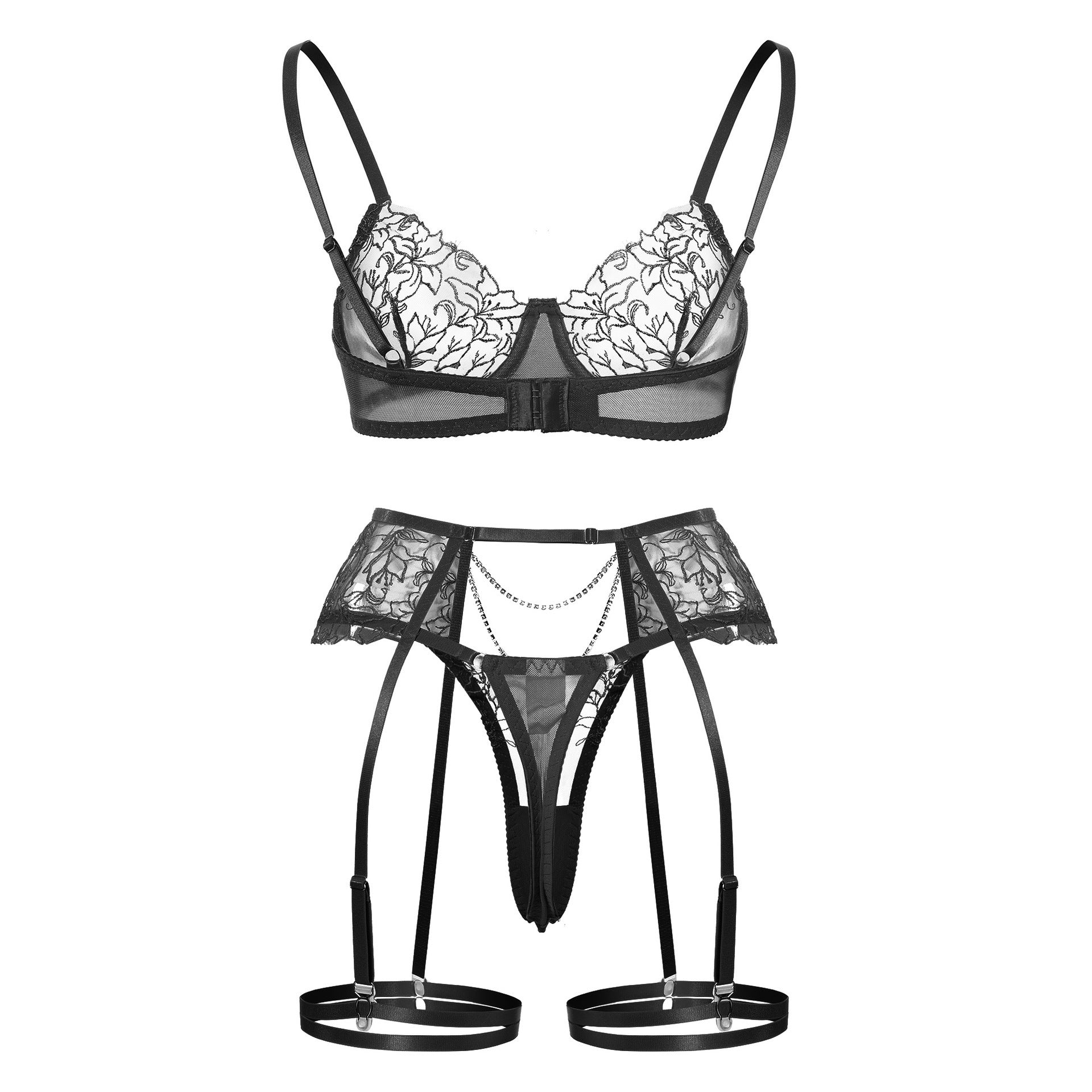 Cross-Border Amazon Hot-Selling Metal Chain Flower Embroidery Mesh Lingerie Transparent Sexy Lingerie Four-Piece Set