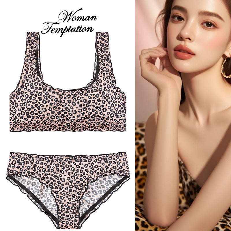 Cross-border foreign trade2025New Leopard Print Thin Bra Summer Insertable Breathable Lift Comfortable Pure Cotton Bra Set