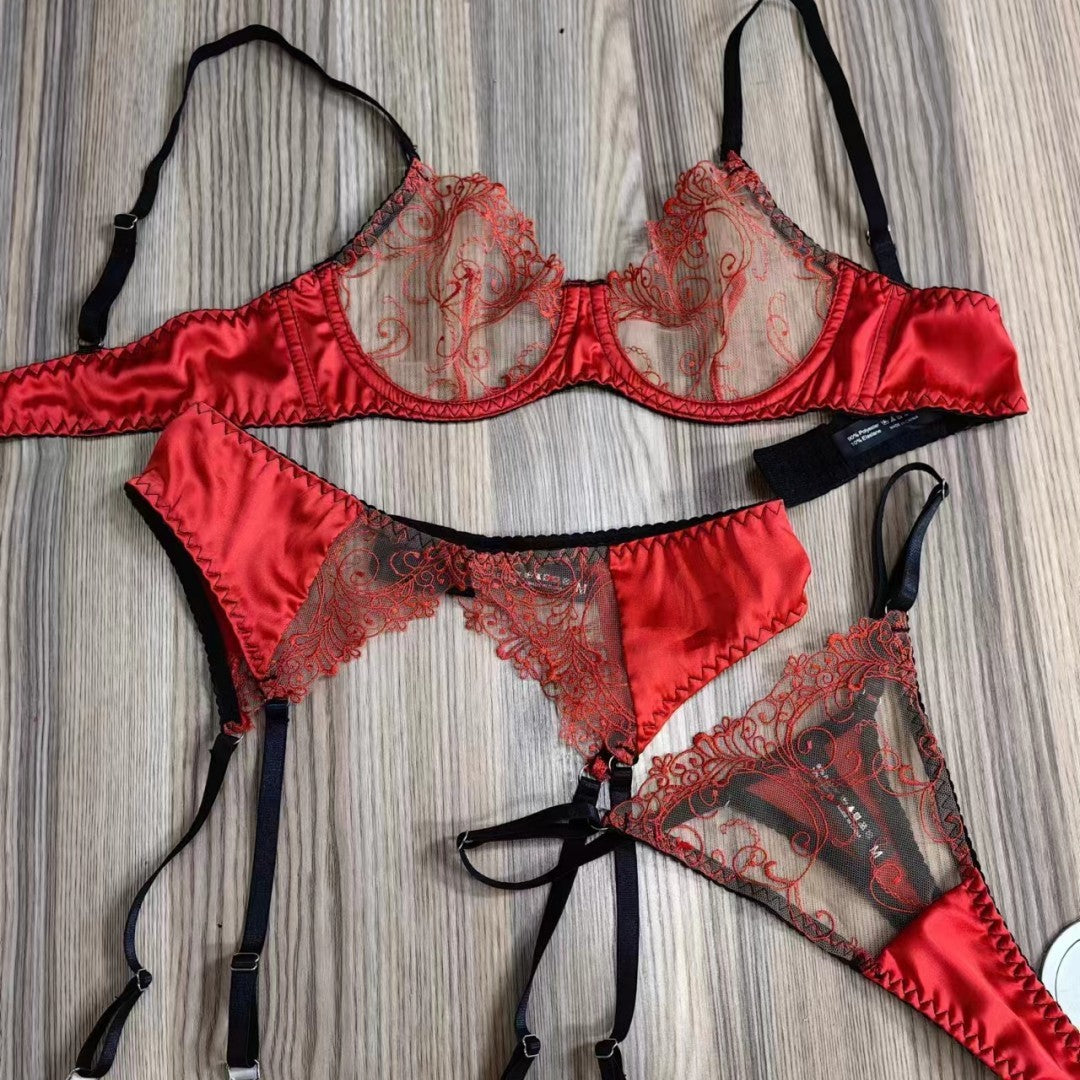 Cross-border French Style Lingerie Sexy Ultra-thin See-through Lace Bra Large Bust Minimizer Anti-sagging Erotic Lingerie Three-piece Set