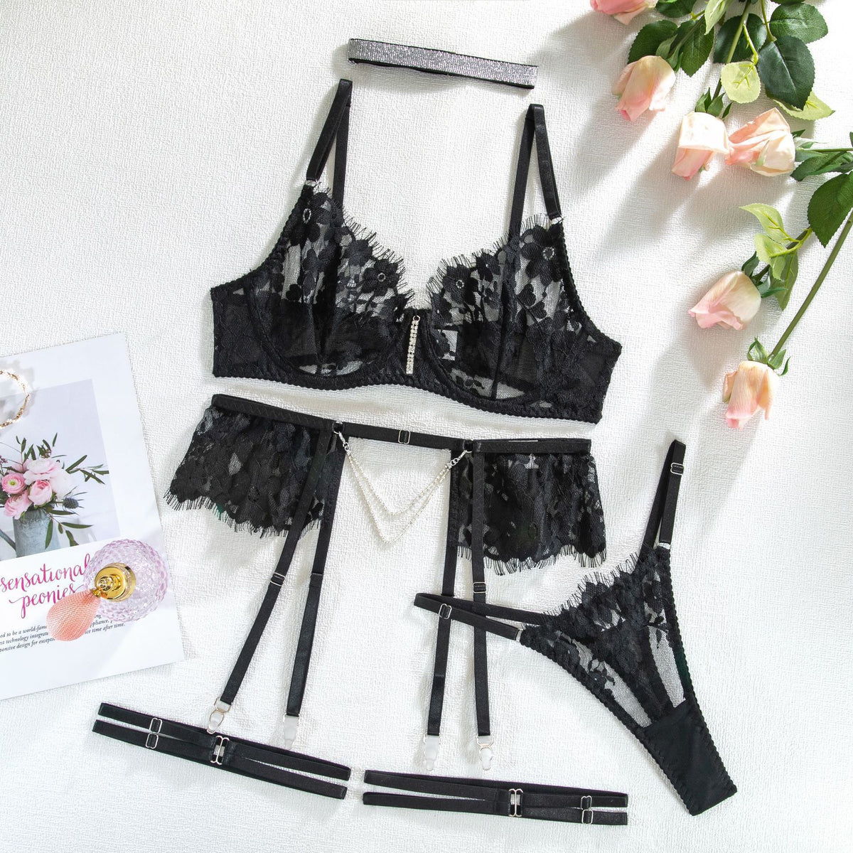 European and American Hot-Selling Sexy Lingerie for Women with Embroidered Eyelash Edge, Rhinestone Neck Ring, Garter Belt, Bra, and Five-Piece Set