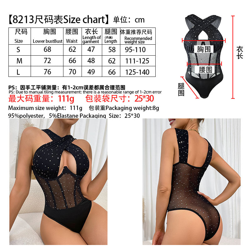 European and American Style Hot Girl Rhinestone Mesh Patchwork Chest Wrap Underwire Fishbone Halter Neck Strap Waist Cincher Diamond Sexy Bodysuit for Women