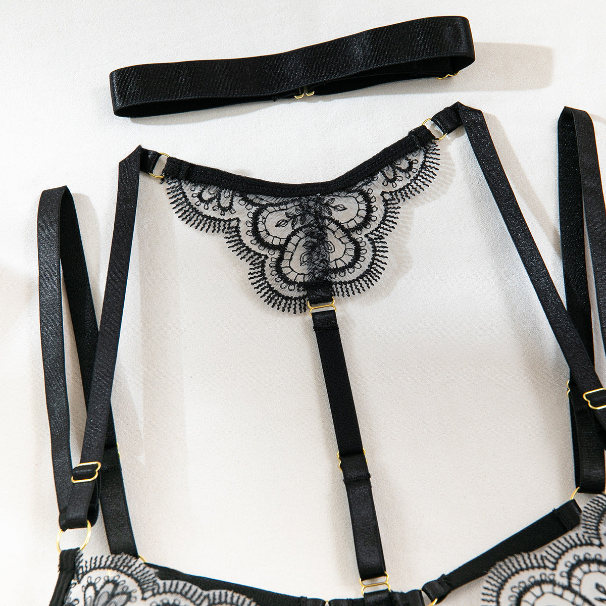 Foreign Trade High-Quality Sexy Lingerie Embroidered Eyelash Edge Large Bust Minimizer Sexy See-Through Front Open Four-Piece Set