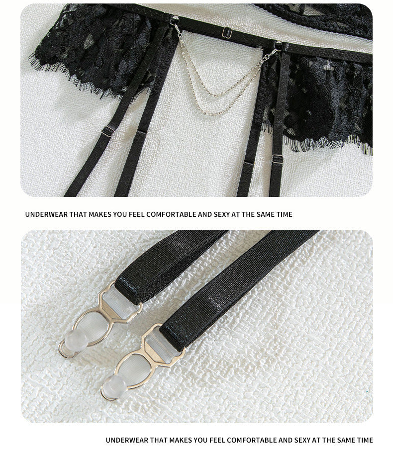 European and American Hot-Selling Sexy Lingerie for Women with Embroidered Eyelash Edge, Rhinestone Neck Ring, Garter Belt, Bra, and Five-Piece Set