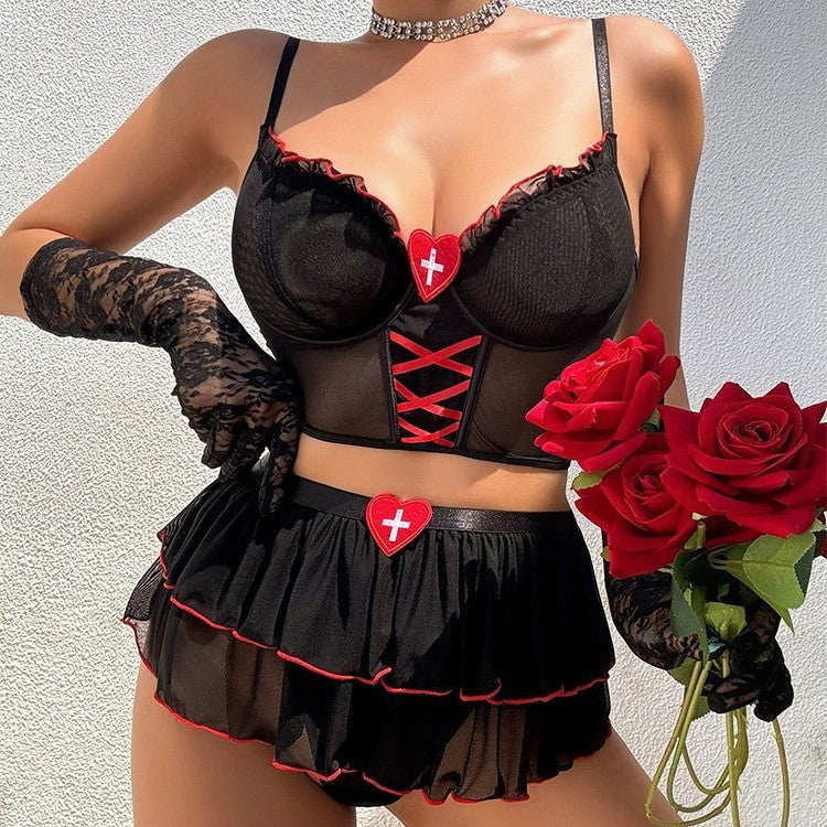 Cross-Border European and American Sexy Lingerie Set Mesh See-Through Temptation Lace Short Skirt Bra Thong Three-Piece Set