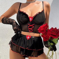 Cross-Border European and American Sexy Lingerie Set Mesh See-Through Temptation Lace Short Skirt Bra Thong Three-Piece Set