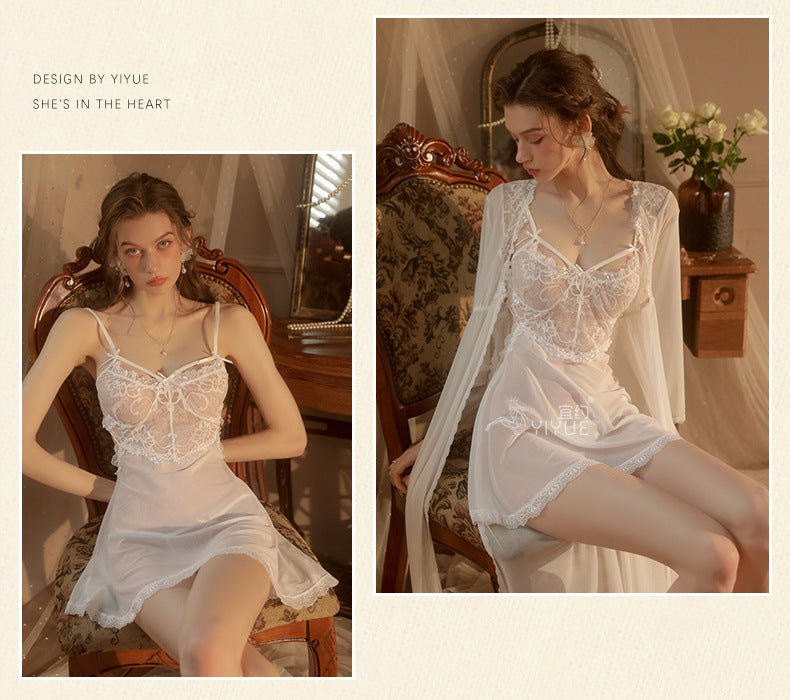 Yiyue Sexy Lingerie Sexy Strap Lace Temptation Nightdress Hot See-through Mesh Plus Size Nightgown Set8449
