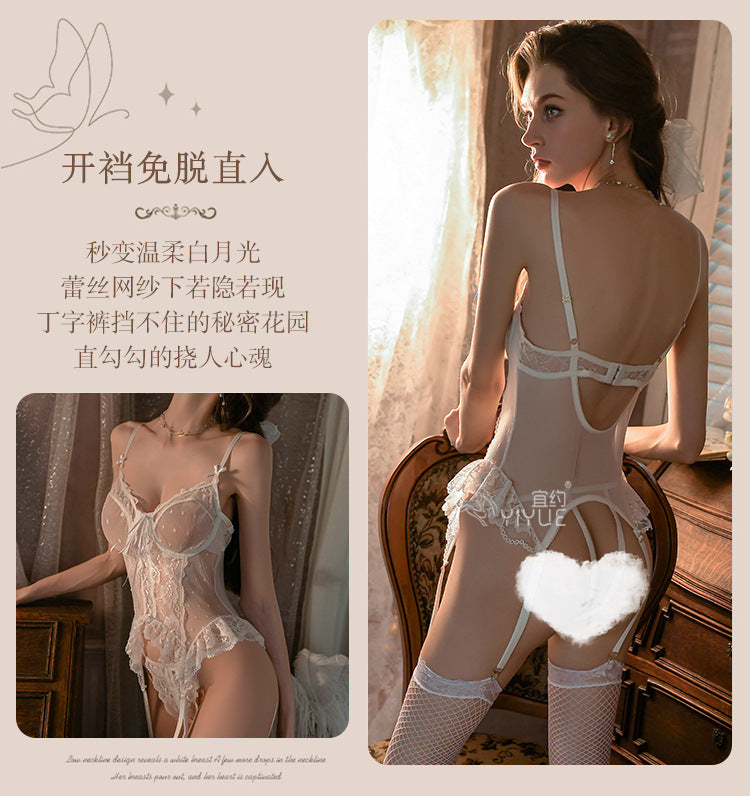Yiyue Sexy Lingerie Lace Temptation Vest Garter Belt Women Push-Up No-Remove Sleepwear Flirting Set8980