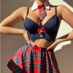 Cross-Border Foreign Trade Sexy Lingerie for Women Temptation Passion Uniform Bra Plaid Short Skirt Thong Three-Piece Set