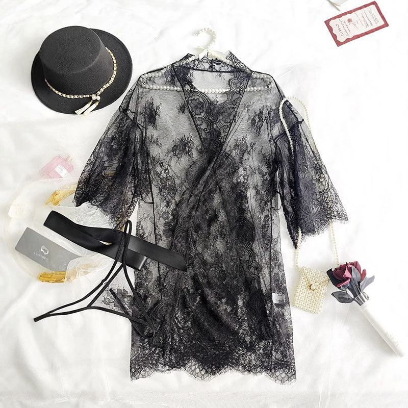 European and American Cross-Border Sexy Lace Eyelash Trim Long Slit Mesh Erotic See-Through Long Sleeve Nightgown Robe In Stock