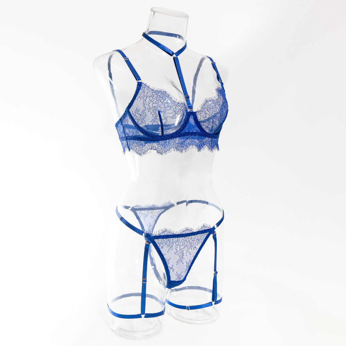 European and American Cross-Border Sexy Lingerie Four-Piece Set Sexy Hollow Lace Eyelash Halter Neck Lingerie with Detachable Leg Rings