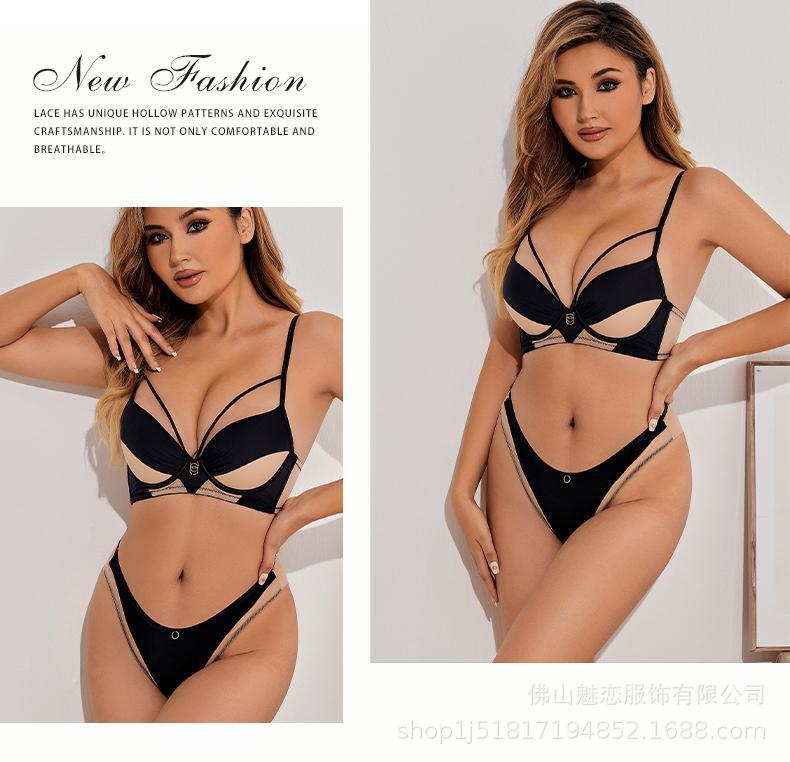 Amazon Cross-Border Sexy Lingerie Women's Satin Hollow Out Strap Small Chest Enhancing Push-Up Anti-Sagging Bra Set