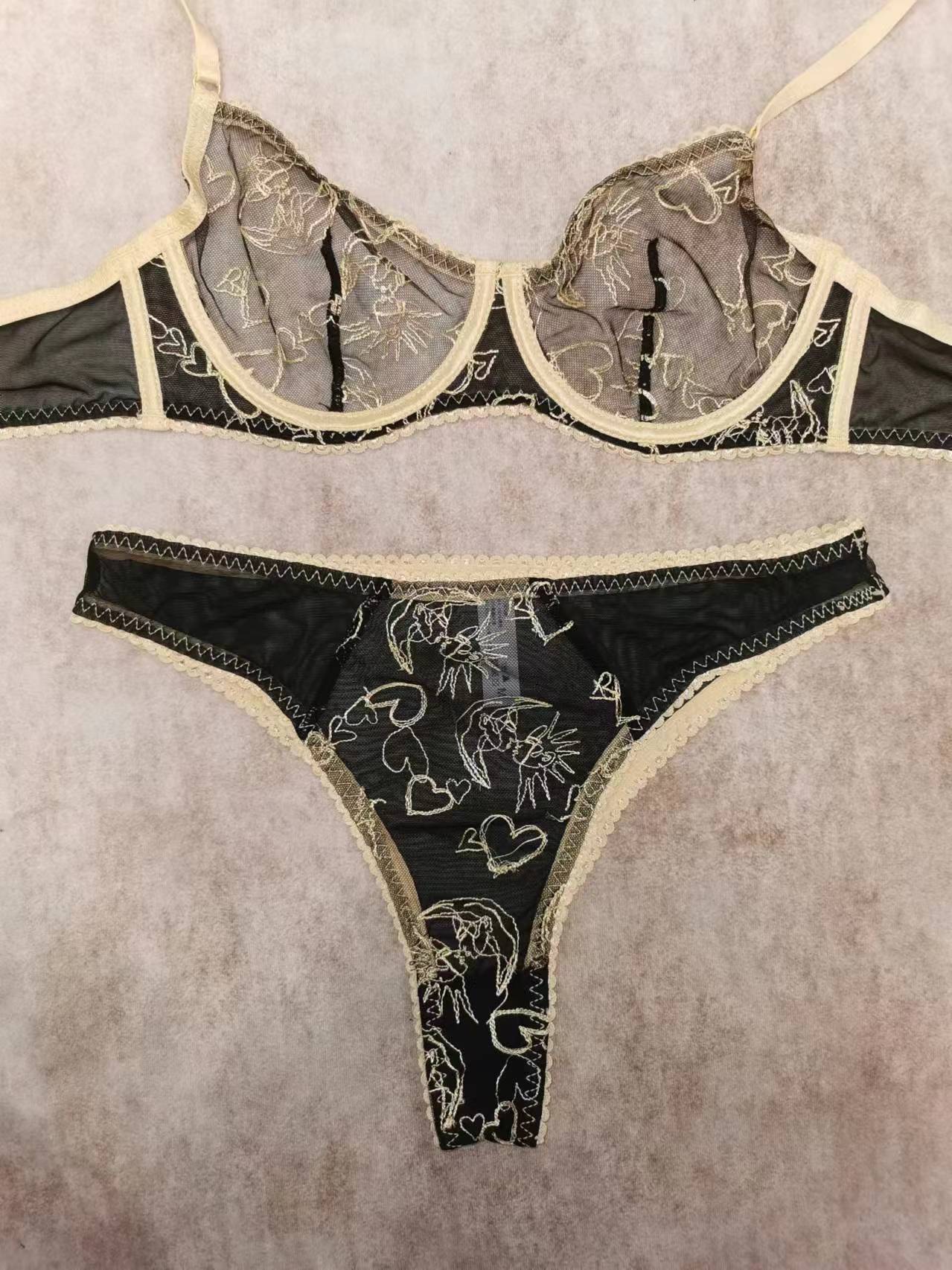 European and American Cross-Border French Style Sexy Lingerie Ultra-Thin Embroidered Lace Bra Large Bust Minimizer Plus Size Erotic Lingerie Set