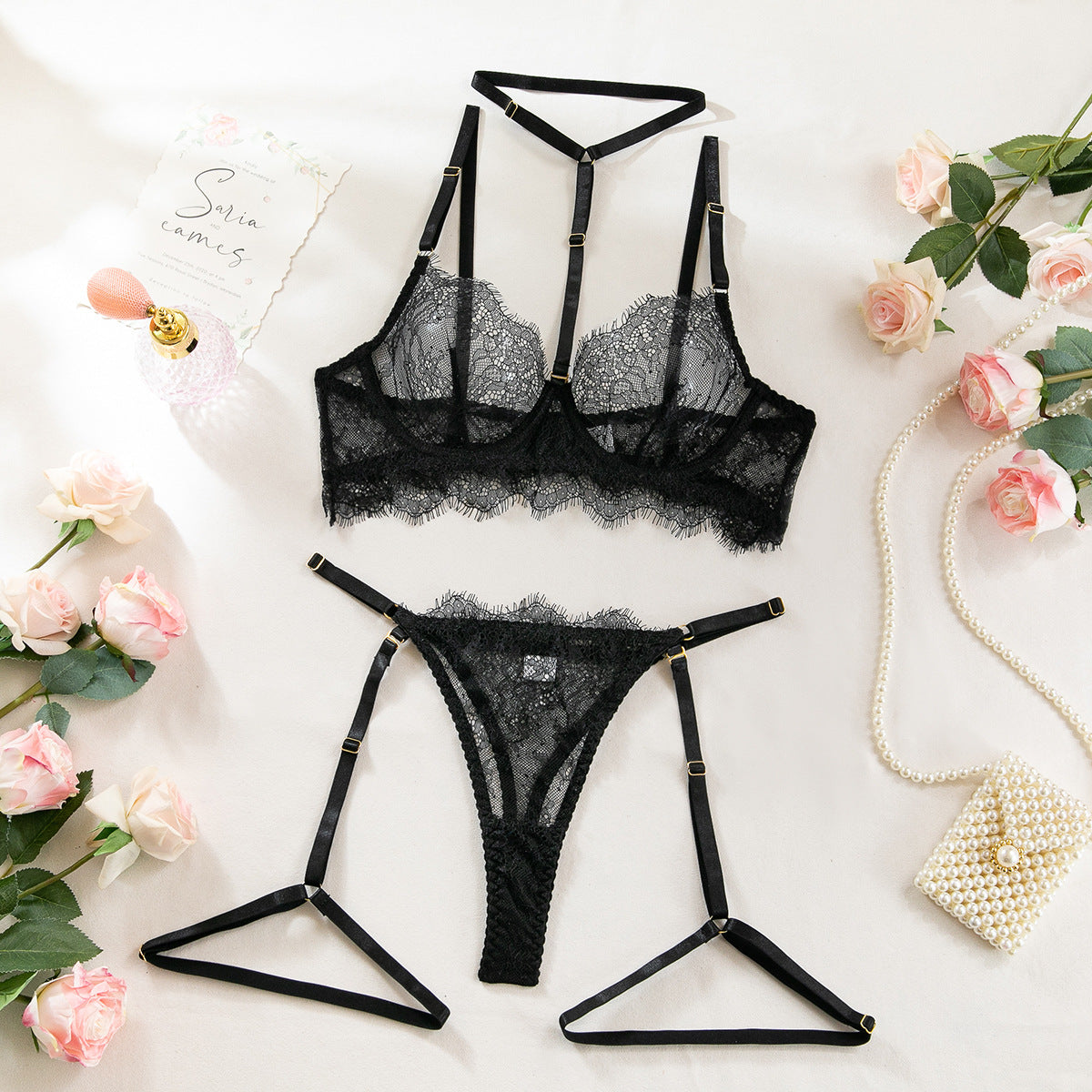 European and American Cross-Border Sexy Lingerie Four-Piece Set Sexy Hollow Lace Eyelash Halter Neck Lingerie with Detachable Leg Rings