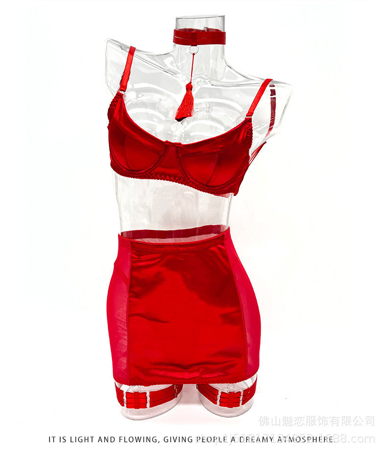 Amazon Foreign Trade Sexy Lingerie Women's Satin Patchwork Mesh See-through Bodycon Skirt Thong Five-piece Set