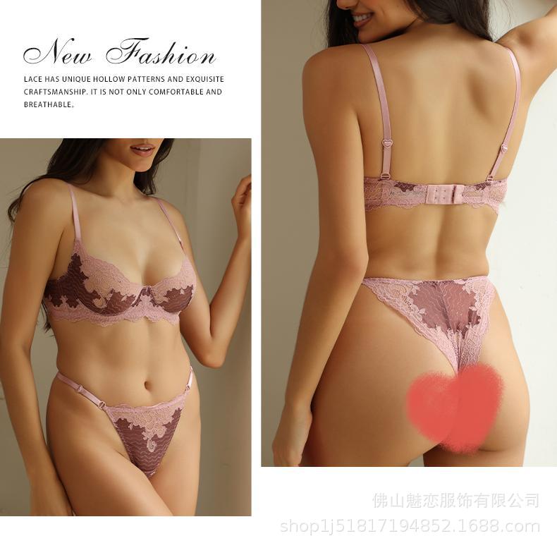 Cross-Border European and American Sexy Lingerie Set Ultra-Thin Lace French Bra Large Bust Minimizer Thong Two-Piece Set