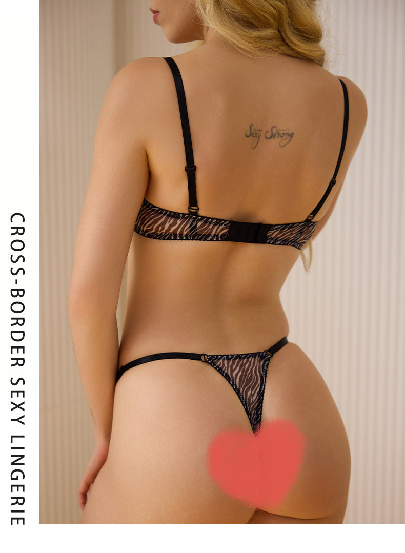 Cross-Border European and American Style Sexy Lingerie for Women Lace Leopard Mesh See-Through Large Bust Minimizer Push-Up Bra Set