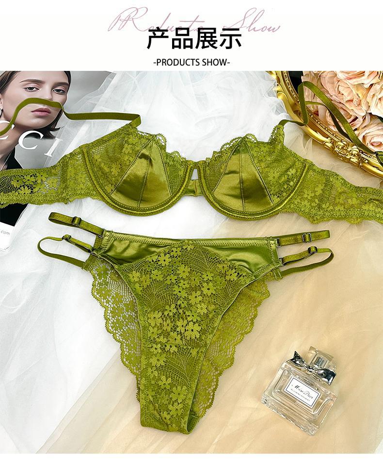 French Style Sexy Lingerie for Women Lace Girl Satin Embroidery Print Large Bust Minimizer Push-Up Bra Set