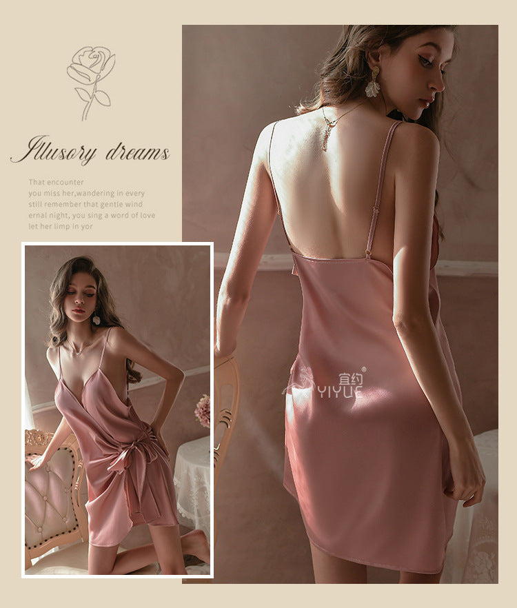 Yiyue Sexy Lingerie Pure Desire Ice Silk Satin Deep V Strappy Nightdress Hot Uniform Temptation Pajamas8908