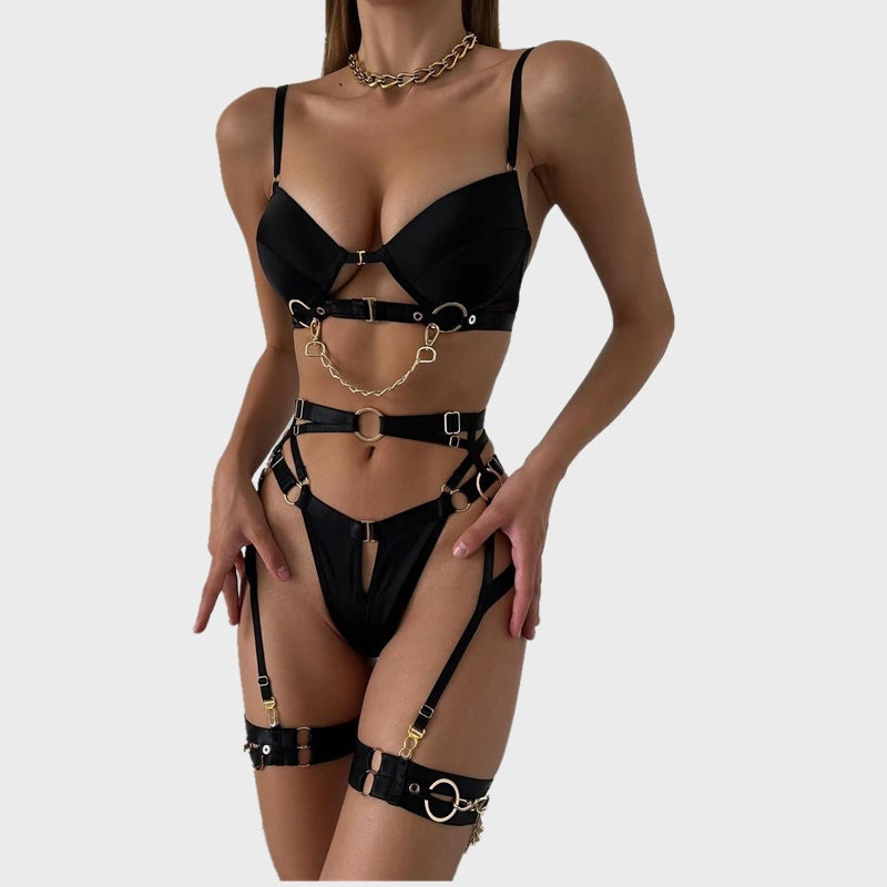 European and American Cross-Border Hot-Selling Sexy Lingerie Big Chest Minimizer Tie-Up Metal Punk Style Erotic Lingerie Women's Four-Piece Set