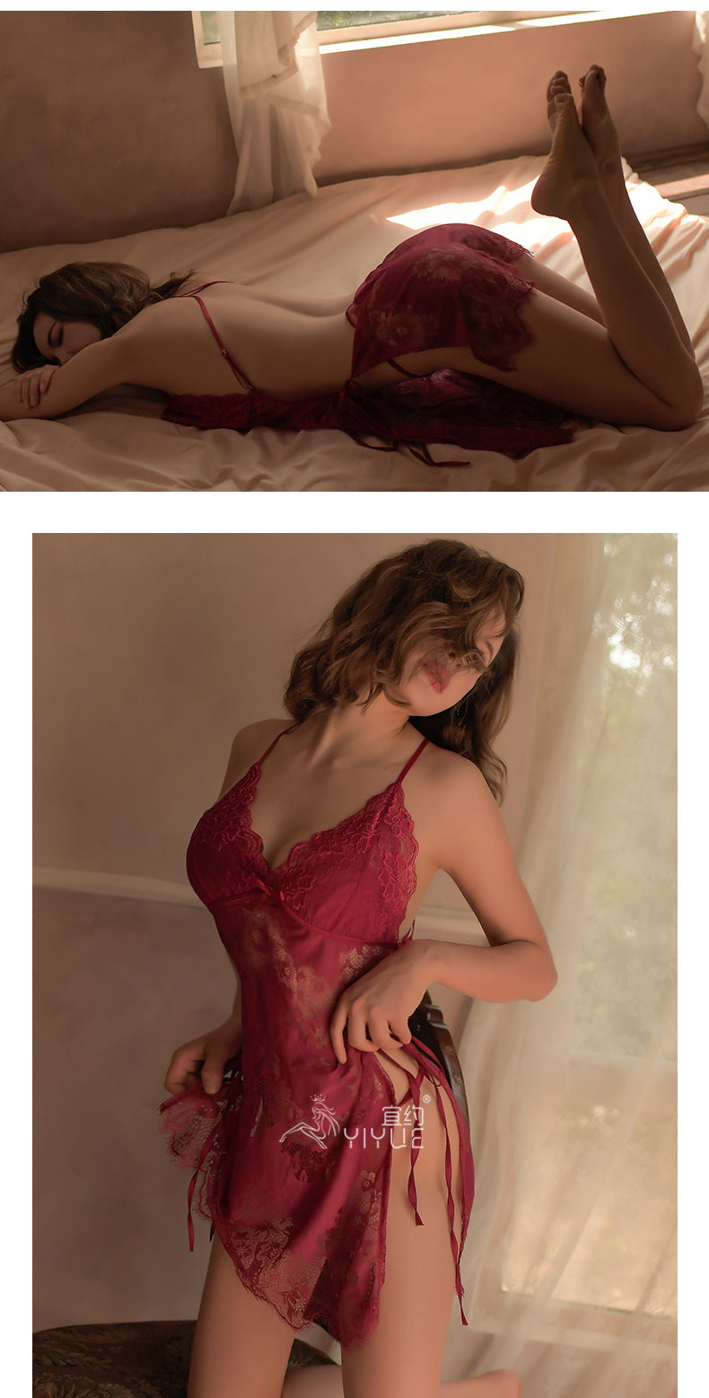 Yiyue New Sexy Lingerie Women's Lace Camisole Dress Lace-up Nightdress Uniform Temptation European and American Style Pajamas8157