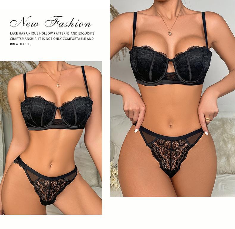 Cross-Border European and American Sexy Lingerie Half Cup Hollow Embroidery Lace Bra Small Chest Push-Up Side Breast Collection Lingerie Set