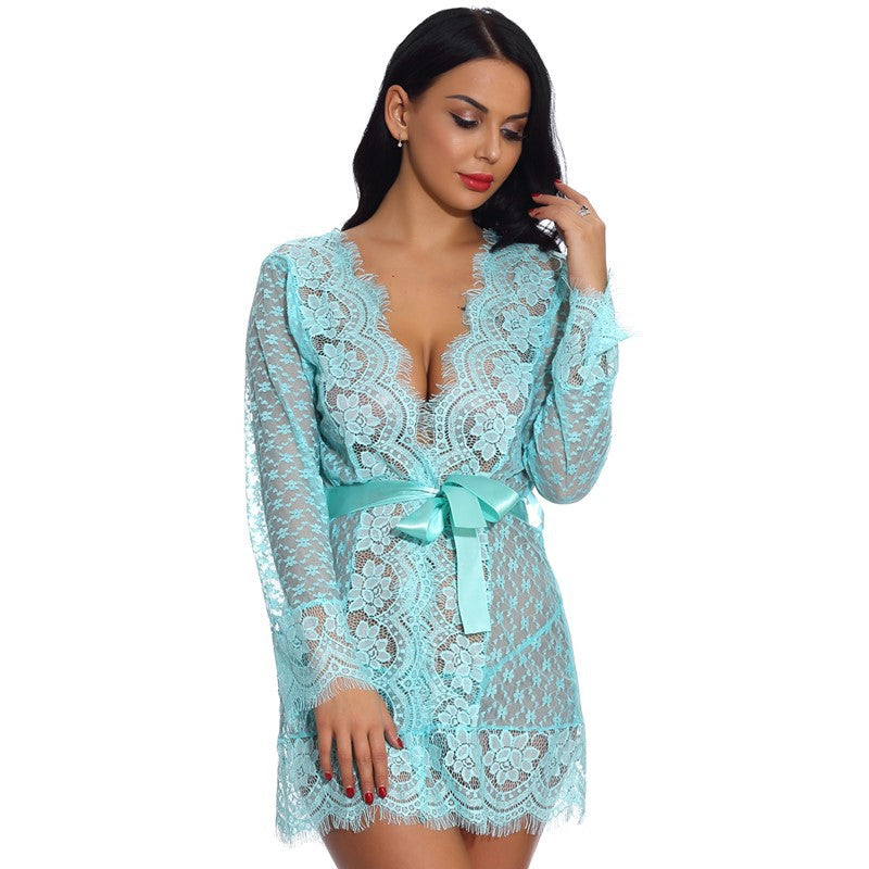 Autumn New Cross-Border Sexy Lingerie Temptation Mesh Nightdress Lace Transparent Women's Long Dress Homewear
