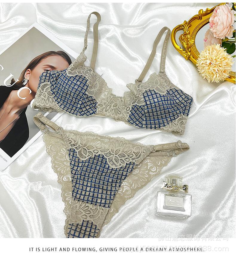 Cross-Border European and American Style French Lingerie Sexy See-Through Mesh Lace Plaid Large Bust Minimizer Push-Up Bra Set