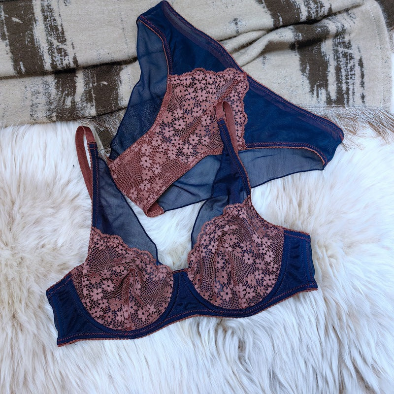 Cross-Border Hot-Selling French Style Sexy Lingerie Ultra-Thin Retro Color-Block Lace Bra Large Bust Minimizer Sexy Lingerie Set