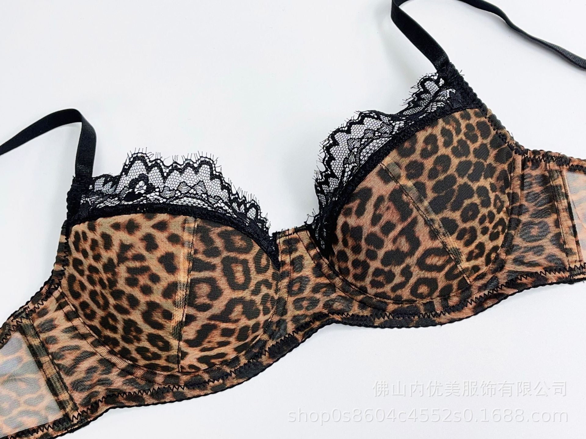 Foreign Trade European and American French Style Lingerie Sexy Lace Leopard Print See-through Temptation Big Chest Minimizer Push-up Bra Set