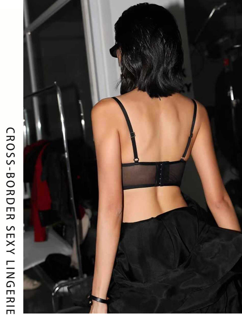 Cross-Border Sexy Lingerie for Women French Style Thin Cotton Smooth Mesh Fishbone Bra Set for Large Bust Minimizing Anti-Sagging Bra Set