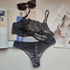 European and American Lace Thin Strapless Chain Detachable Sexy Lingerie Set for Large Busts, Minimizing and Push-Up