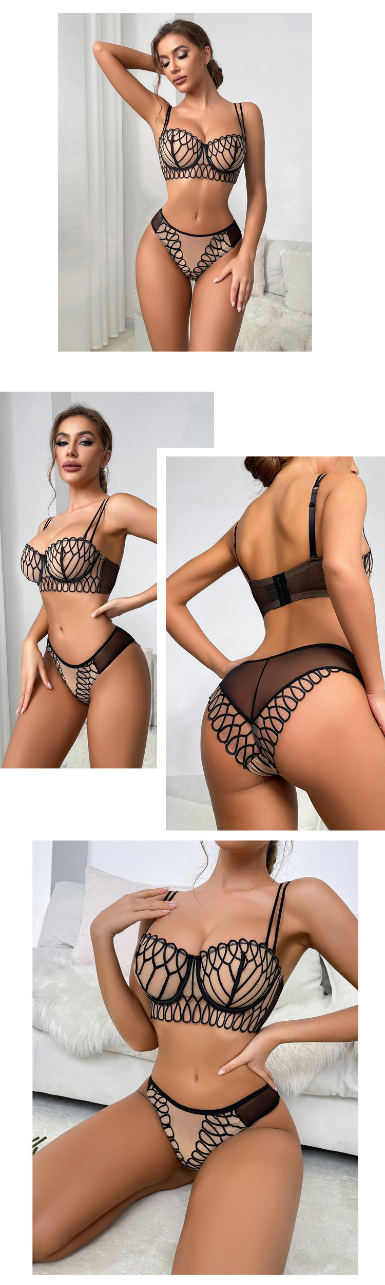 Cross-Border European and American Style French Lingerie Sexy Set Ultra-Thin See-Through Mesh Large Bust Minimizer Anti-Sagging Lace Bra