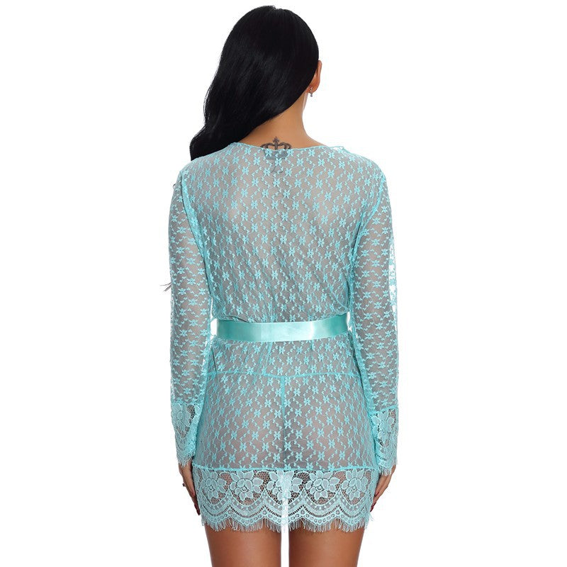 Autumn New Cross-Border Sexy Lingerie Temptation Mesh Nightdress Lace Transparent Women's Long Dress Homewear