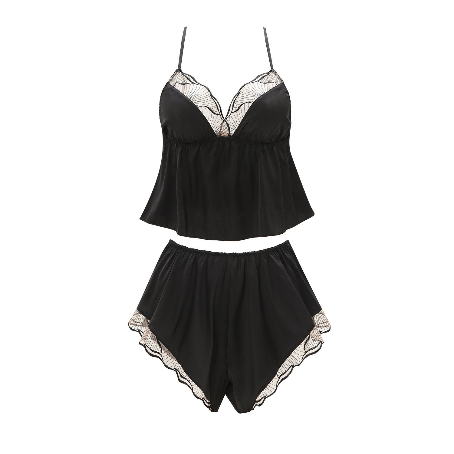 Foreign Trade Cross-Border Sexy Satin Nightdress Summer Thin Style V Comfortable Lace Pajama Set with Camisole and Shorts